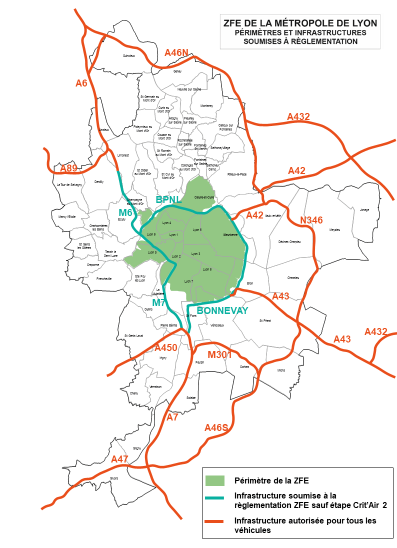 carte de la ZFE de Lyon et sa métropole